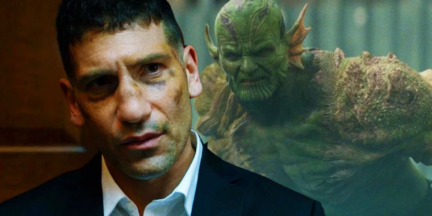 Split image of a bruised Frank Castle's Punisher in a suit and Gravik super skrull snarling in the MCU