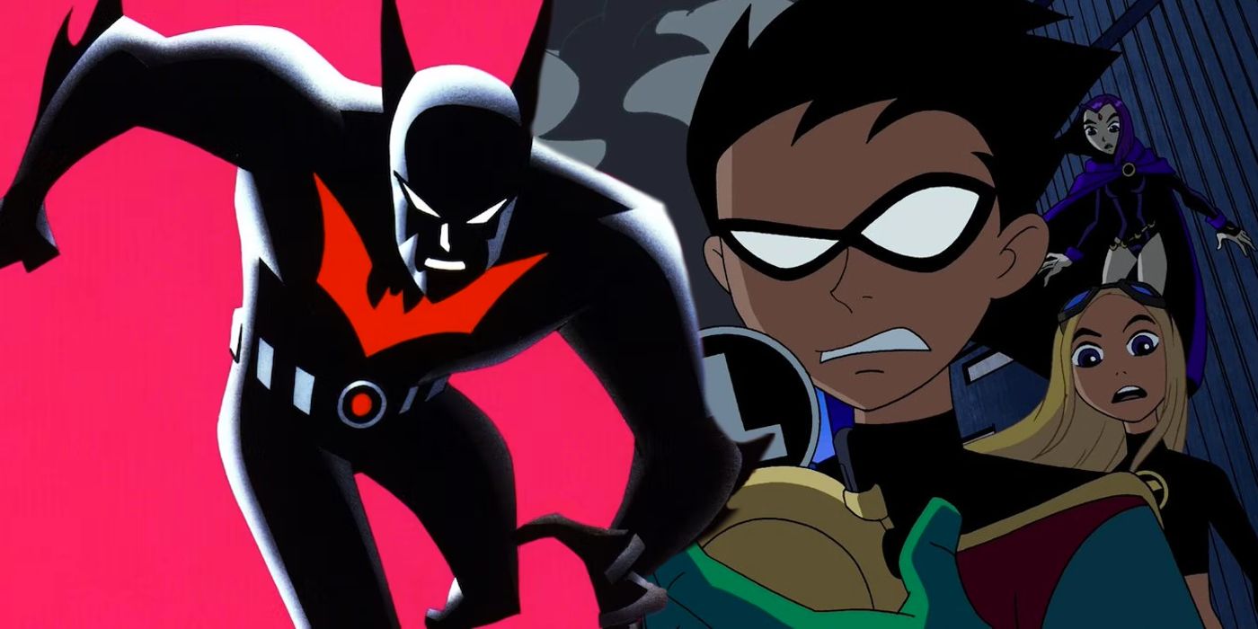 Split image of Batman Beyond poster and Robin, raven and terra in Teen Titans