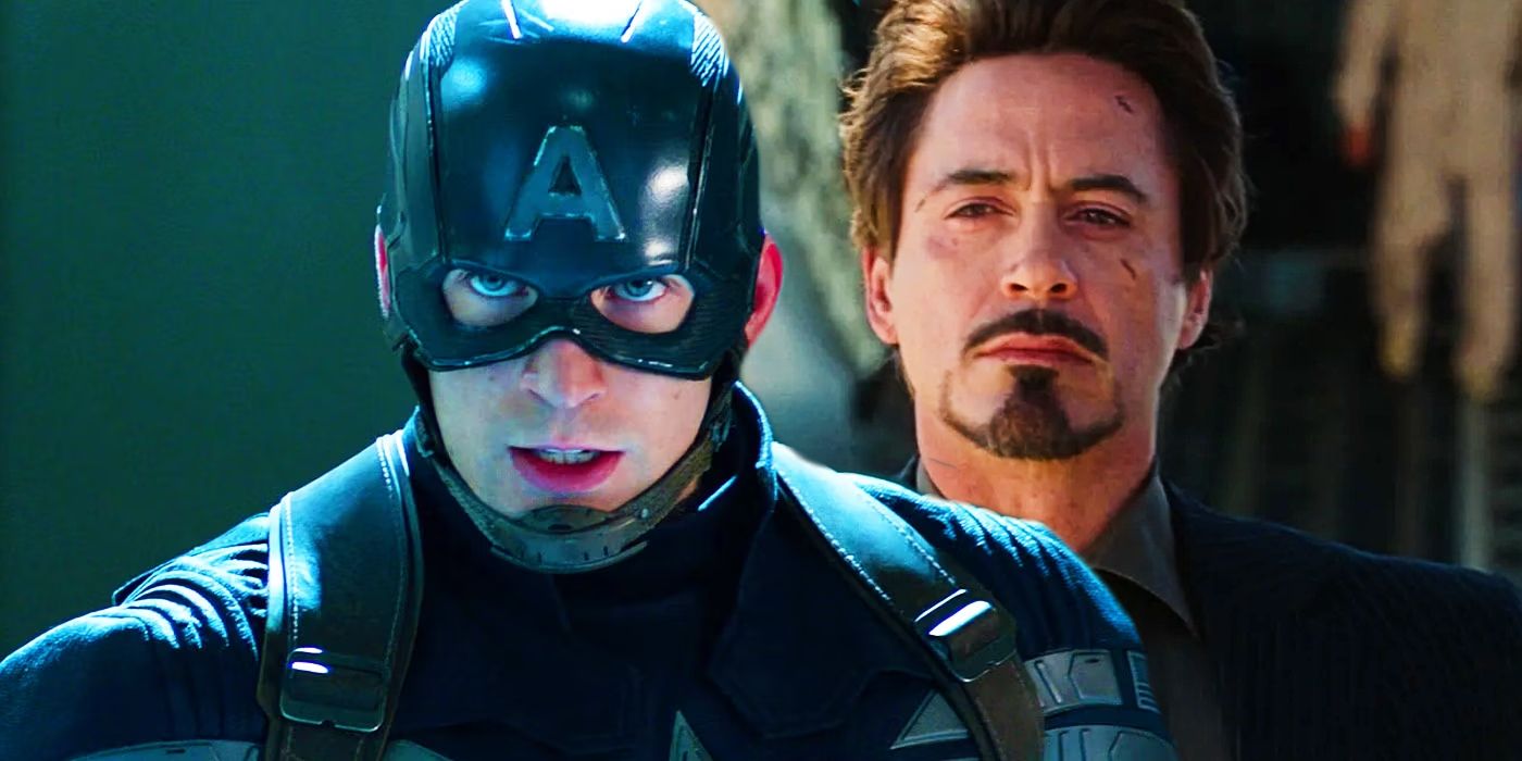 Split image of Captain America and Iron Man in the MCU looking serious