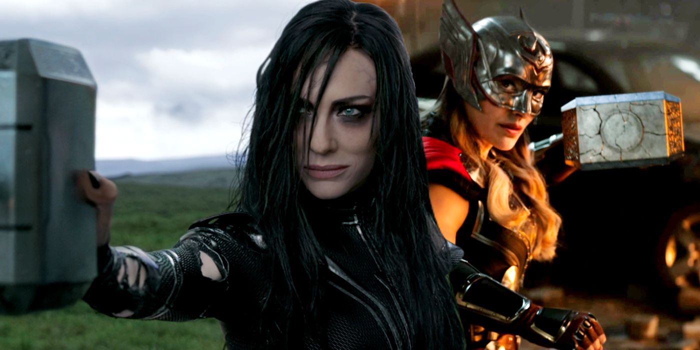 Split image of Cate Blanchette's Hela and Natalie Portman's Mighty Thor both holding Mjolnir