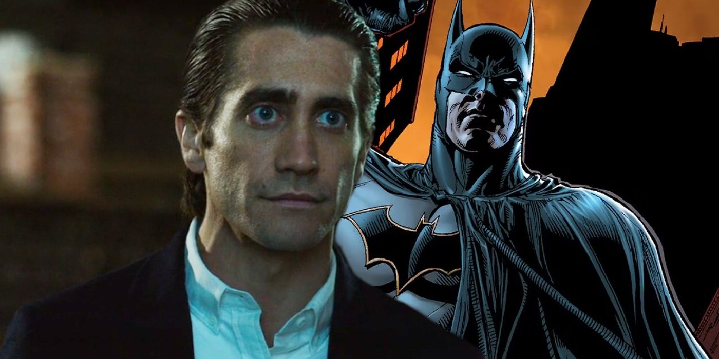 Split image of DC Comics Batman and Jake Gyllenhaal in Nightcrawler