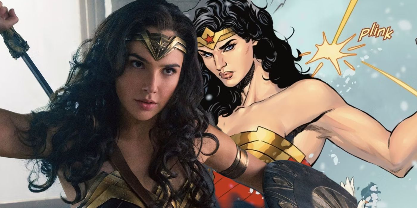 Split image of Gal Gadot's wonder woman and wonder woman from the comics about to fight