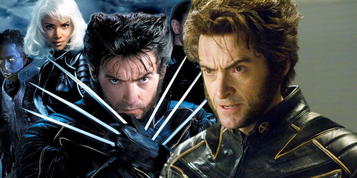 Split image of Hugh Jackman's Wolverine and the Fox X-Men team ledby Wolverine with his claws out