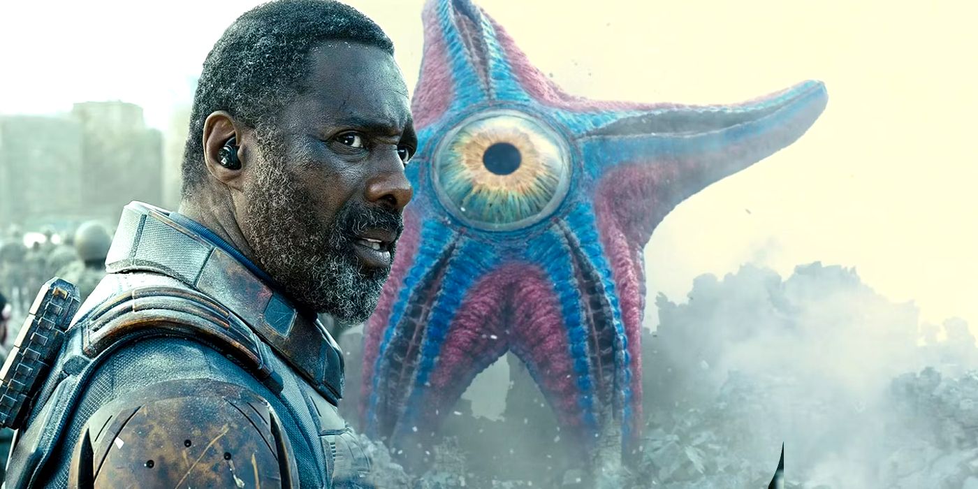 Split image of Idris Elba's Bloodsport looking concerned while Starro rampages in the background