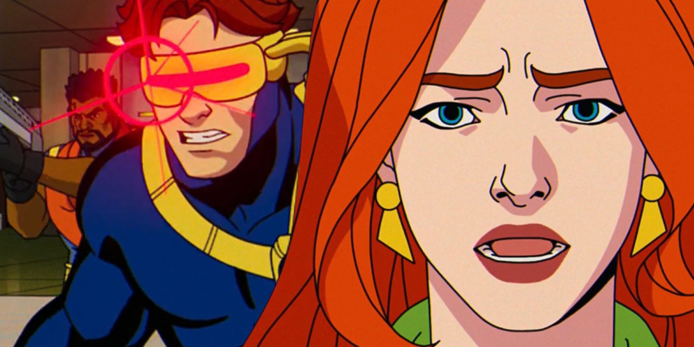 Imagem dividida de Jean Grey falando em close e Ciclope usando sua explosão óptica em X-Men '97