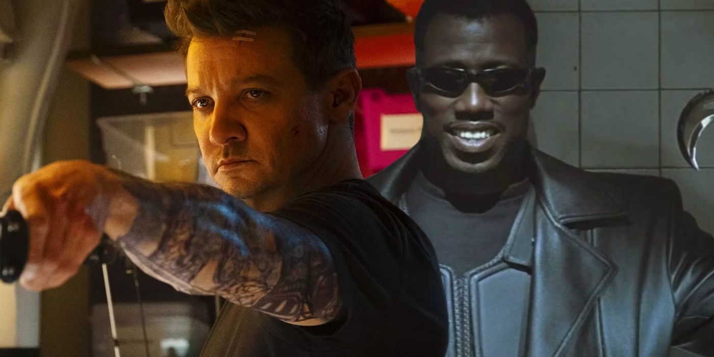 Split image of Jeremy Renner's Clint Barton and Wesley Snipes' Blade smiling