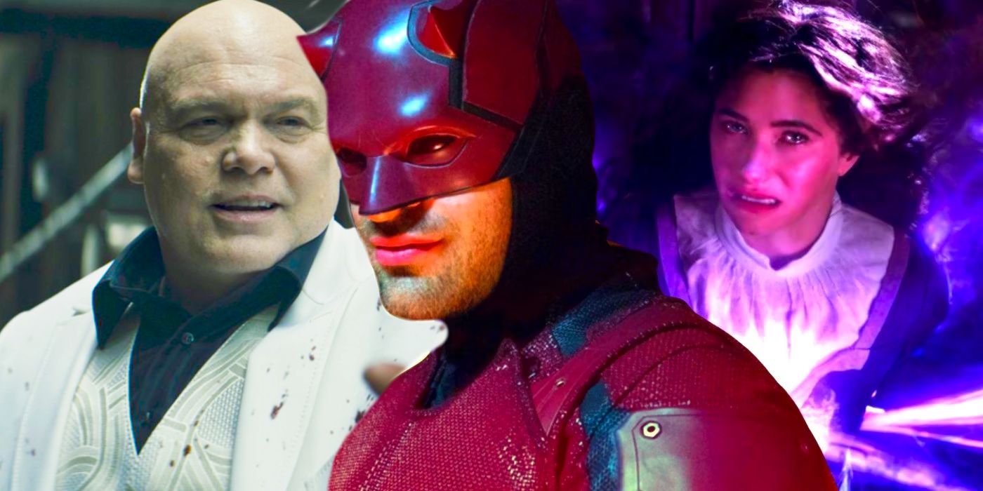 Split image of Kingpin, Daredevil, and Agatha Harkness