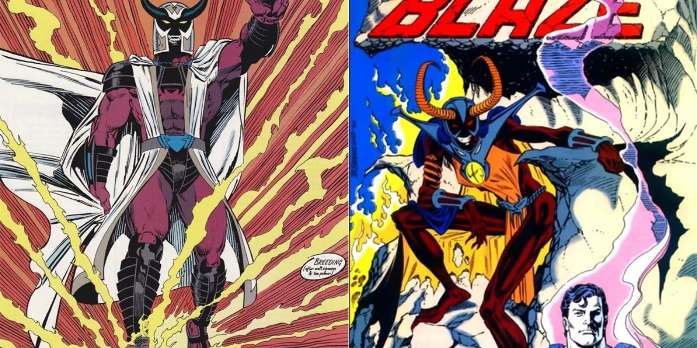 imagem dividida de lord satanus e blaze dos painéis da DC comics