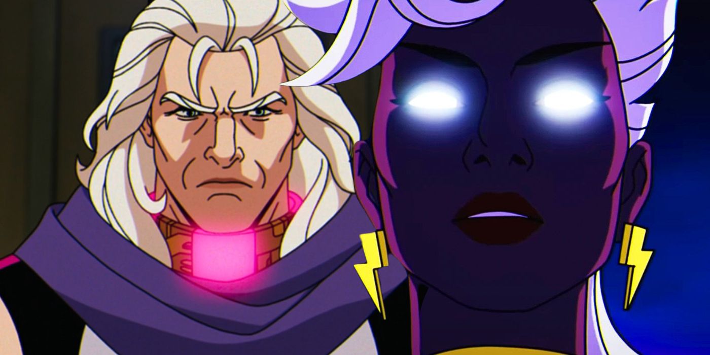 Split image of Magneto wearing a collar and Storm with glowing eyes in X-Men '97