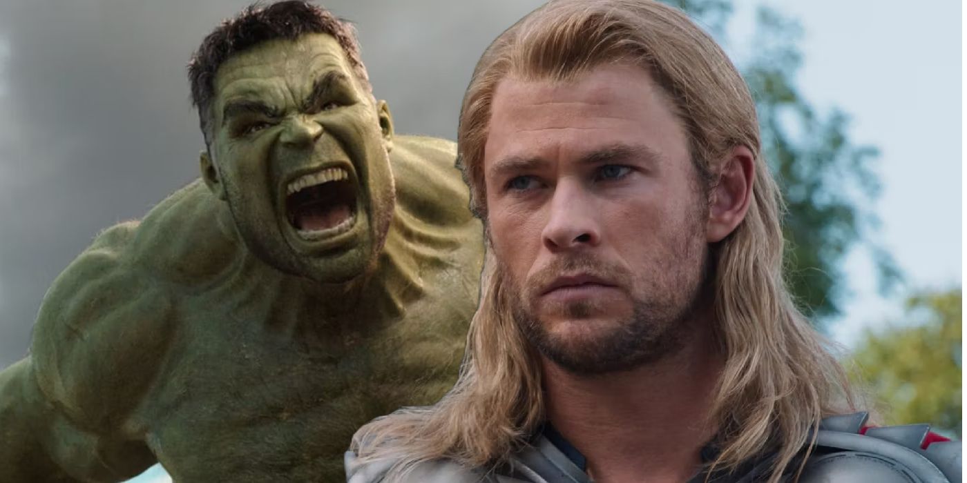 Split image of Mark Ruffalo's Hulk yelling and Chris Hemsworth's Thor looking sullen in The Avengers