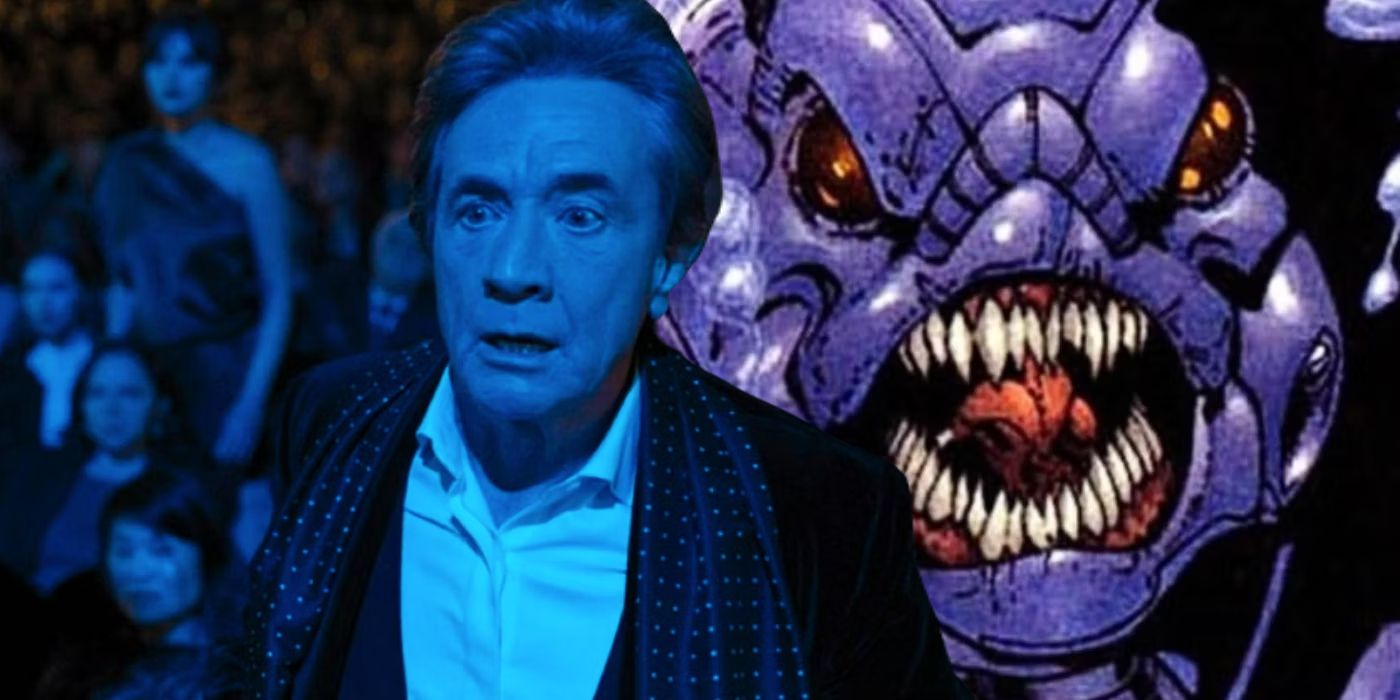Split image of Martin Short looking surprised and Kingfish growling from DC Comics