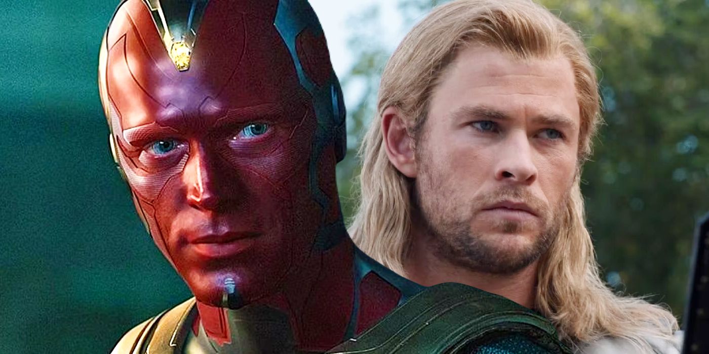 Split image of Paul Bettany's Vision and Chris Hemsworth's Thor both looking stoic in the MCU