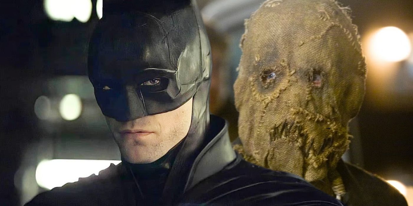 Split image of Robert Pattinson as Batman in The Batman and Cillian Murphy as Scarecrow in Batman Begins