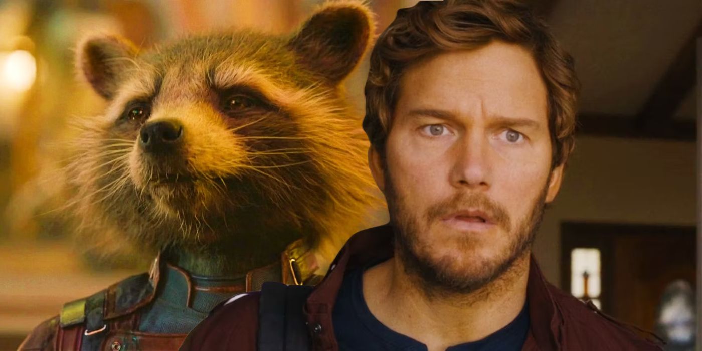 Split image of rocket raccoon looking proud and Peter Quill looking surprised in Guardians of the Galaxy vol. 3
