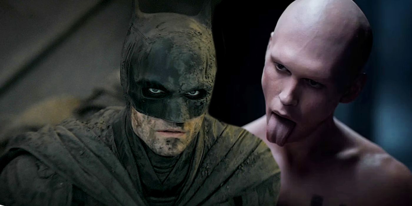 Split image of The Batman shot of the Dark Knight looking up and Dune 2 scene with Feyd Rautha with his tongue out