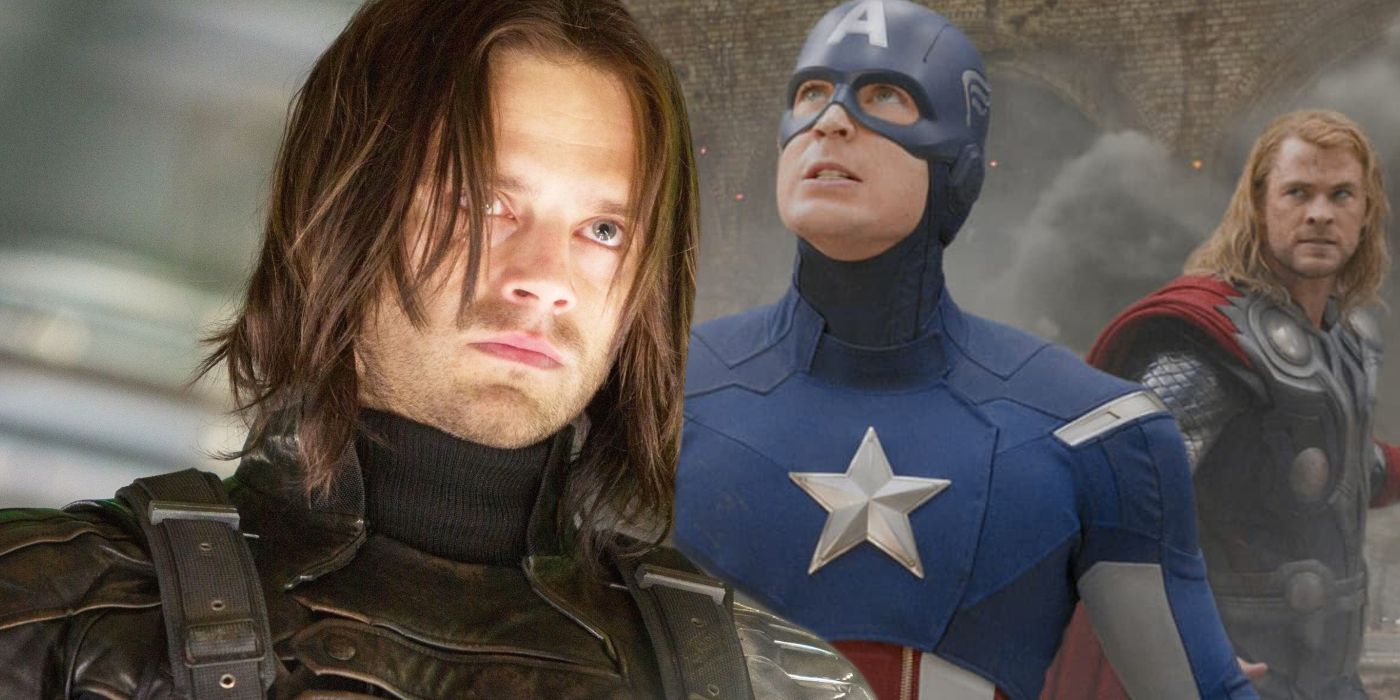 Split image of the Winter Soldier and The Avengers in the final fight scene of the first movie