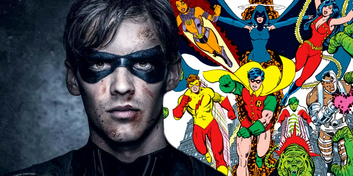 Split image of Titans Robin and a classic cover from the Teen Titans comics