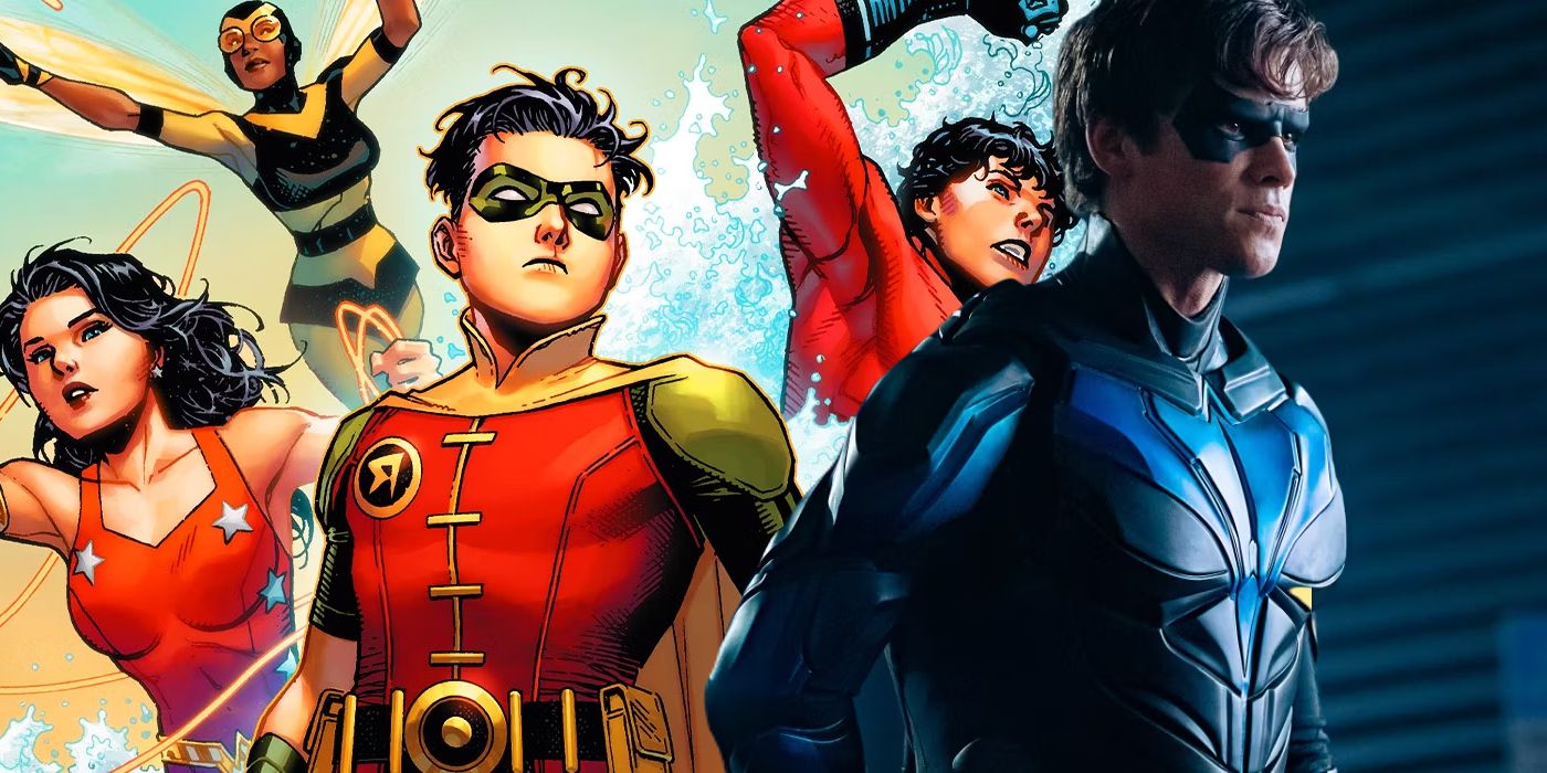 Split image of Wonder Girl, bumblebee, aqualad and robin from DC Comics and Nightwing from Titans