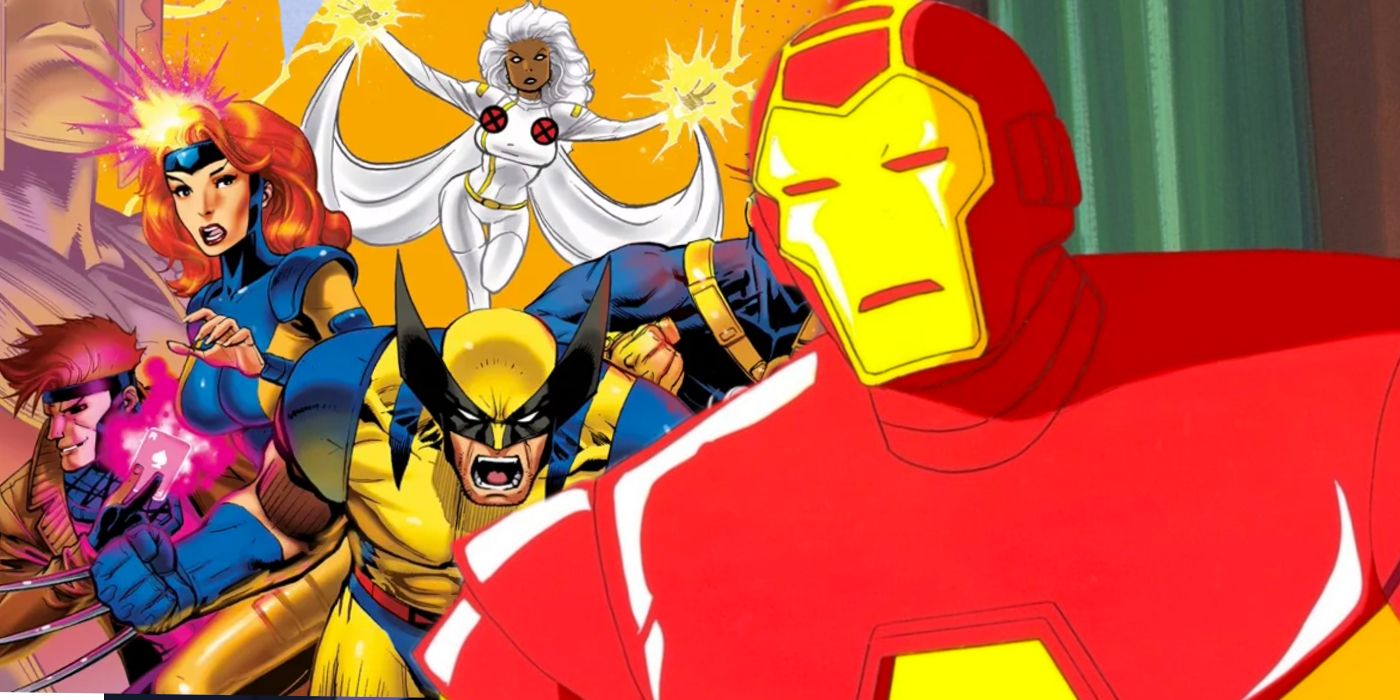 Imagem dividida do pôster de X-Men The Animated Series e um Homem de Ferro animado