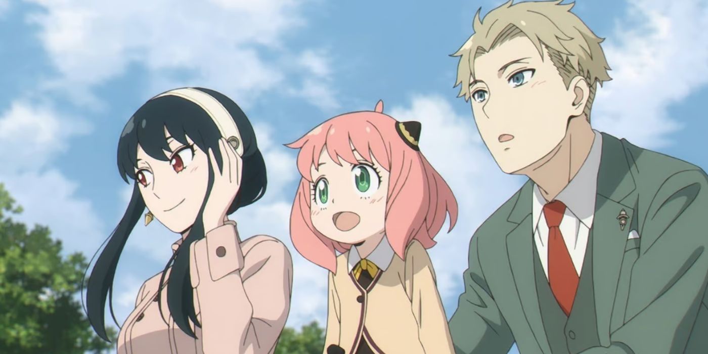 Spy x Family screencap of Loid, Anya, and Yor looking out together on a sunny day 