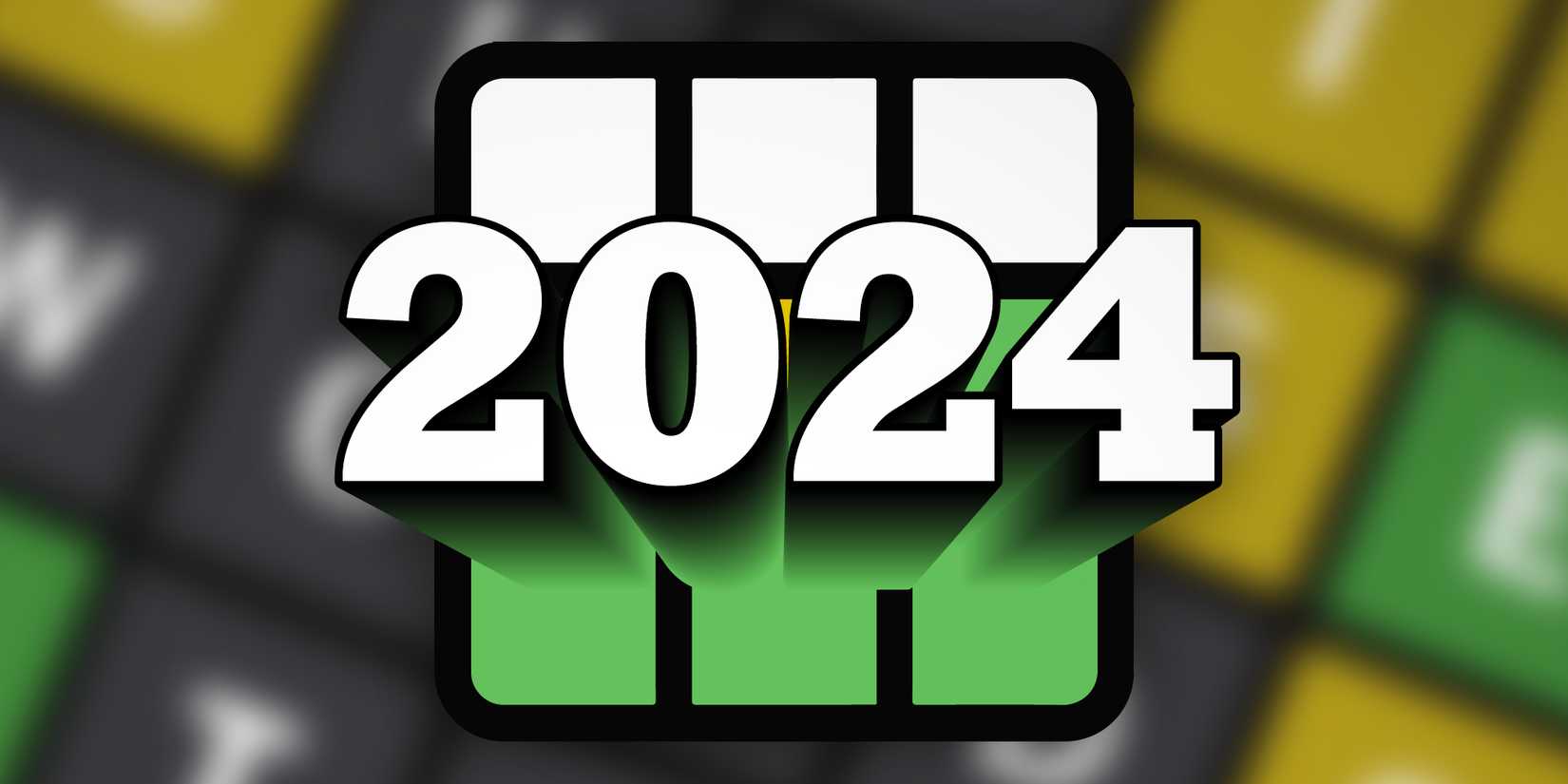 The word "2024" in big letters with wordle-like boxes in the background