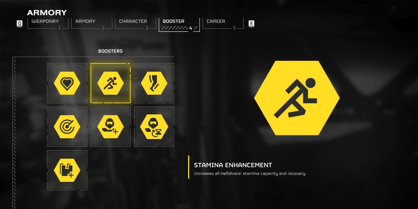 Jogador selecionando Stamina Enhancement Booster para missão em Helldivers 2.