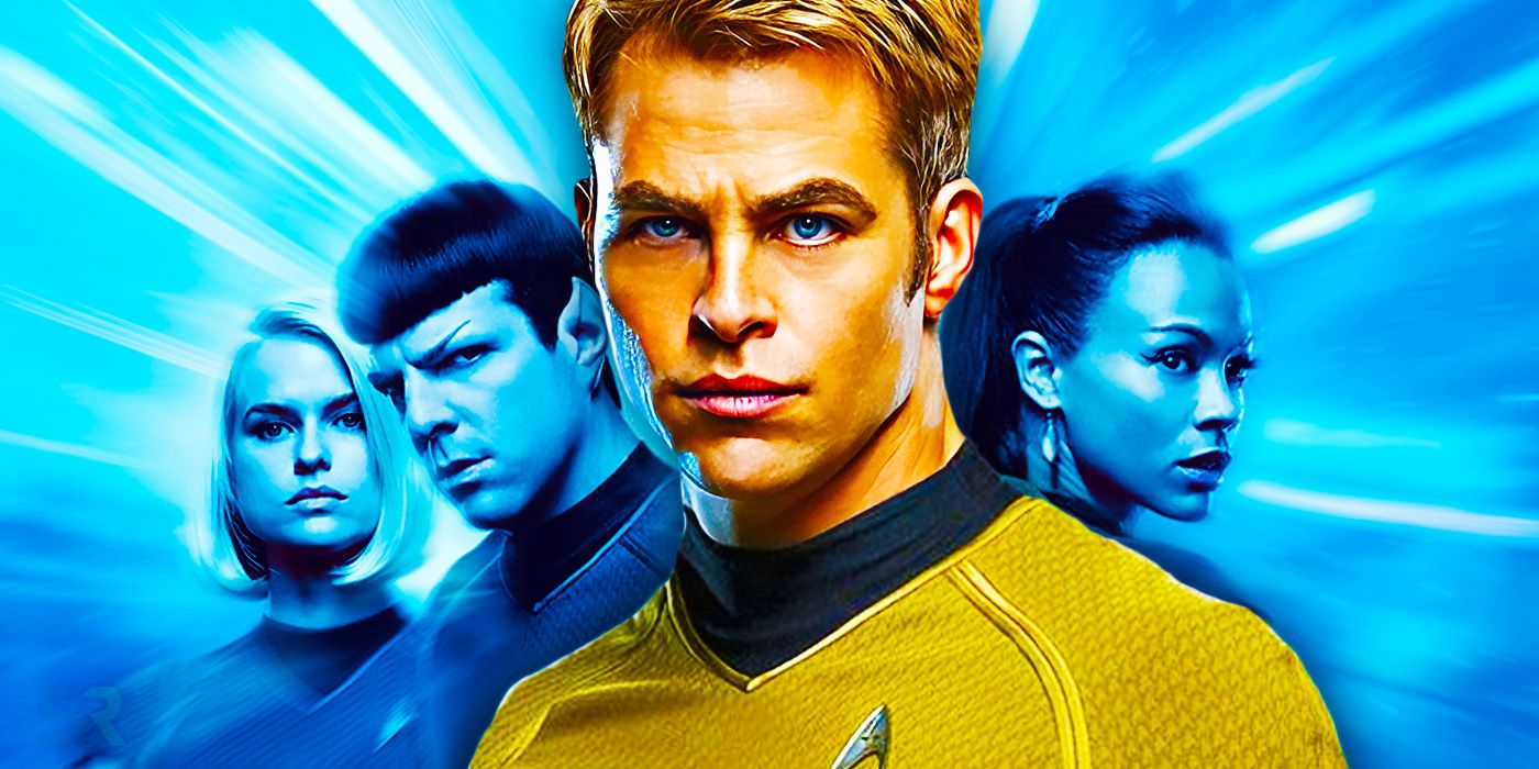 Chris Pine as Captain Kirk and the cast of J.J. Abrams Star Trek in hero shot collage