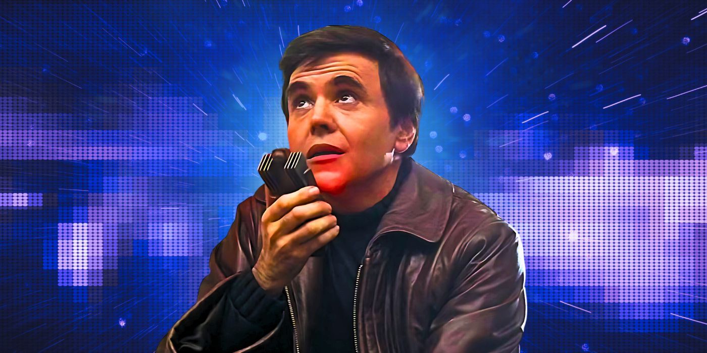Walter Koenig como Chekov falando em um comunicador em Star Trek IV: The Voyage Home