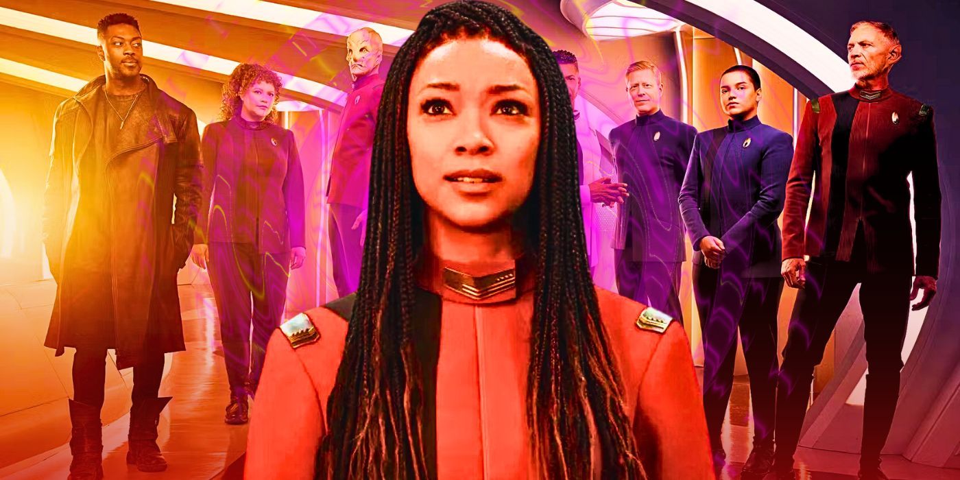 Michael Burnham looking up in awe with Star Trek: Discovery cast behind her