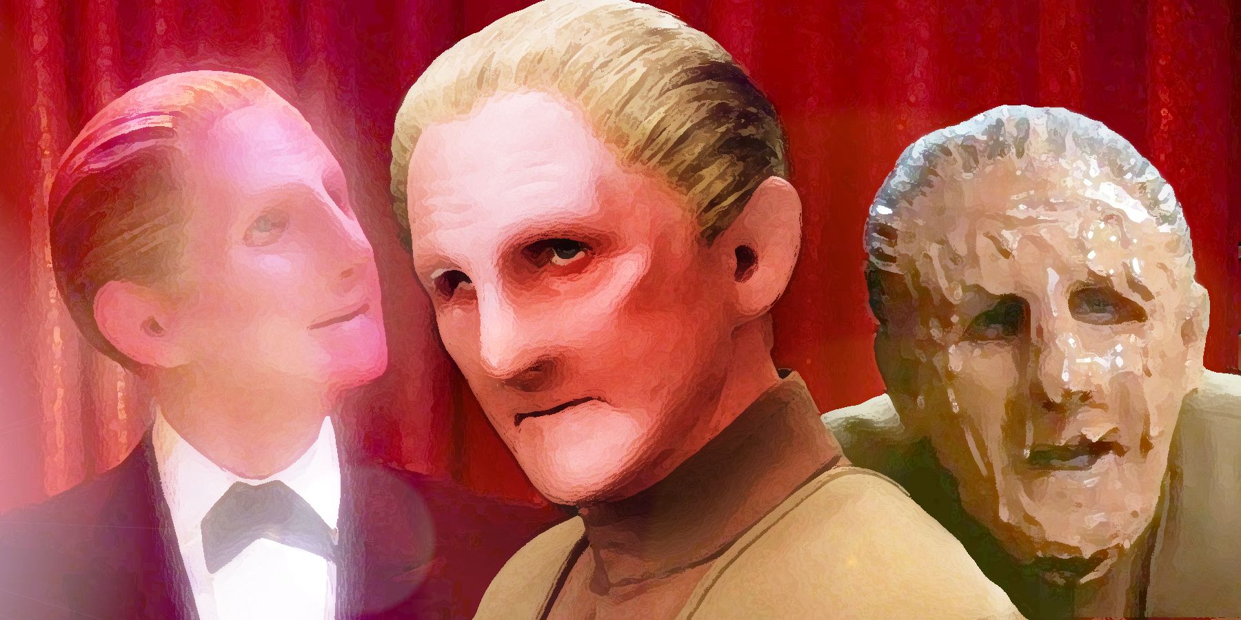 Side by side images of Odo playing a piano, Odo in his security uniform, and Odo melting