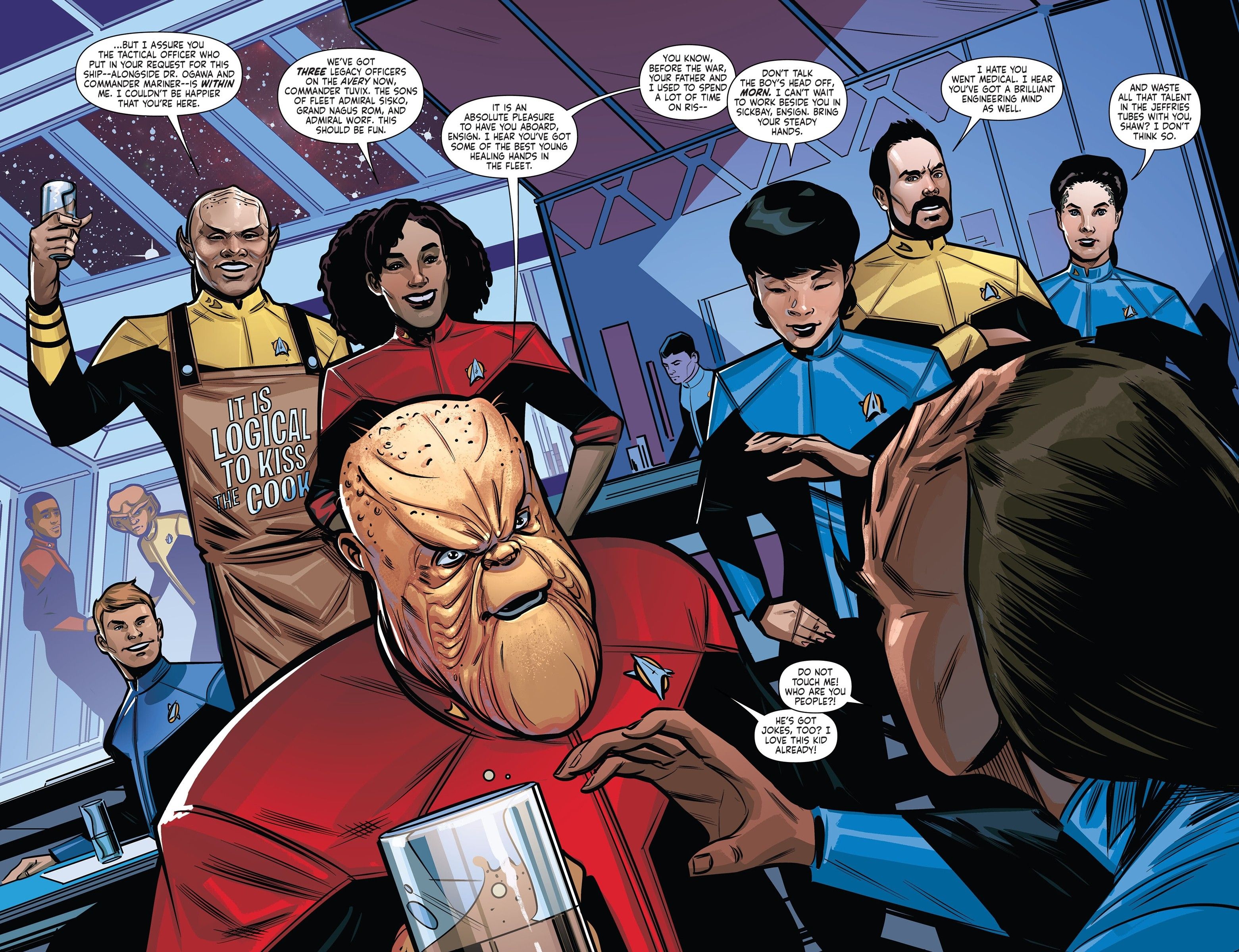 The crew of the USS Avery, including alternate universe versions of Morn, Mariner, Tuvix, Jadzia Dax and Liam Shaw.