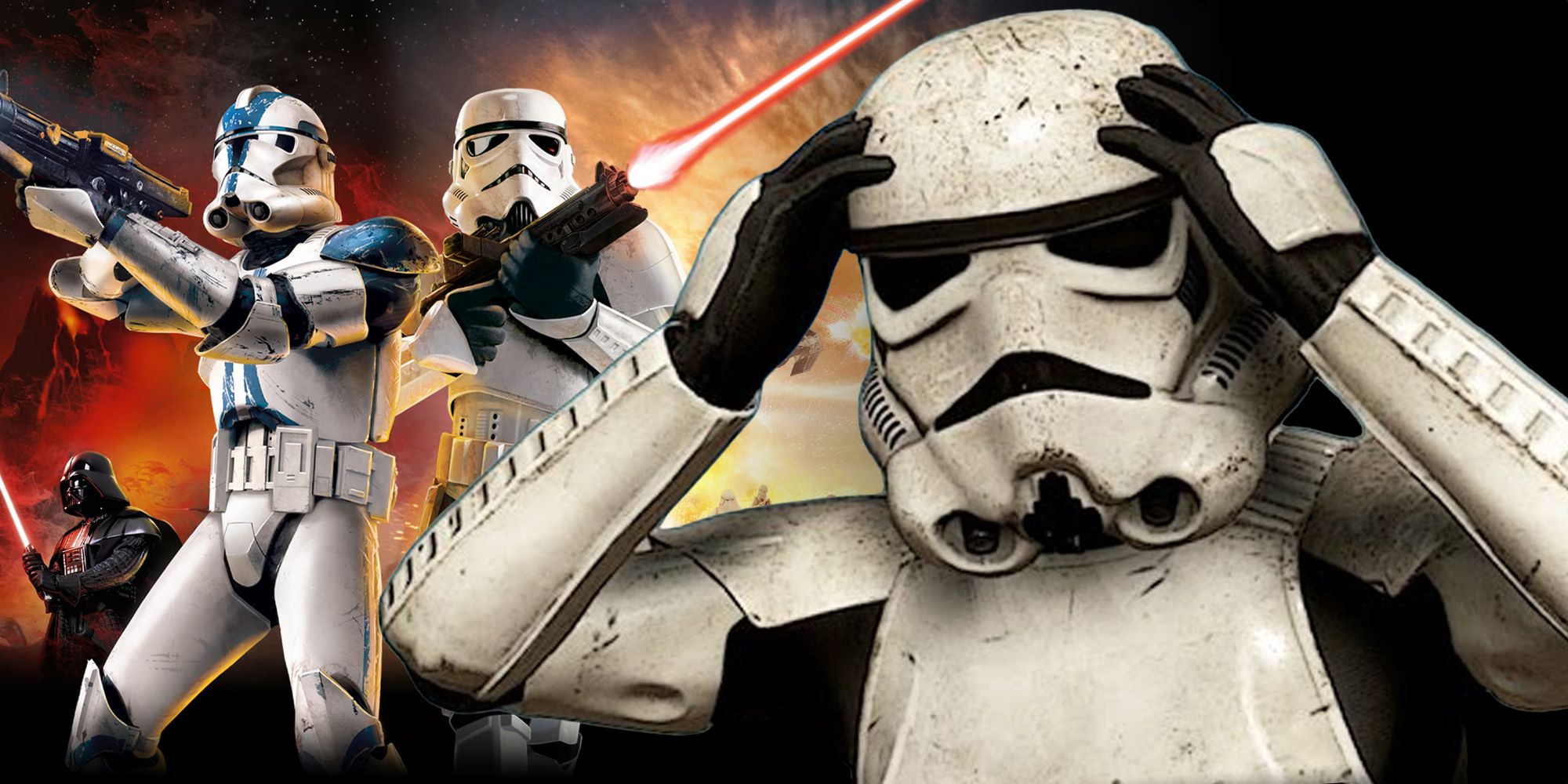 A Starwars Battlefront Classic Collection Storm Trooper looking sad with a battle behind him