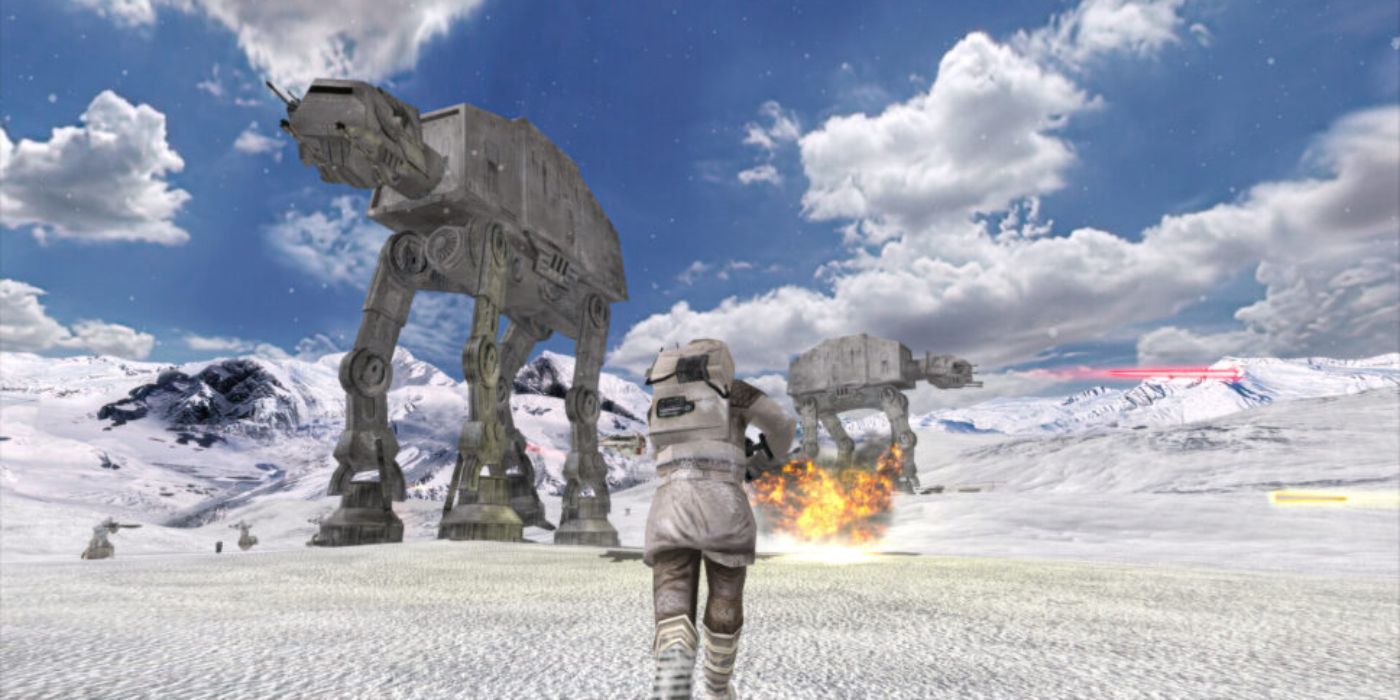 Um jogador correndo em direção a um AT-AT em Hoth: Echo Base em Star Wars: Battlefront Classic Collection