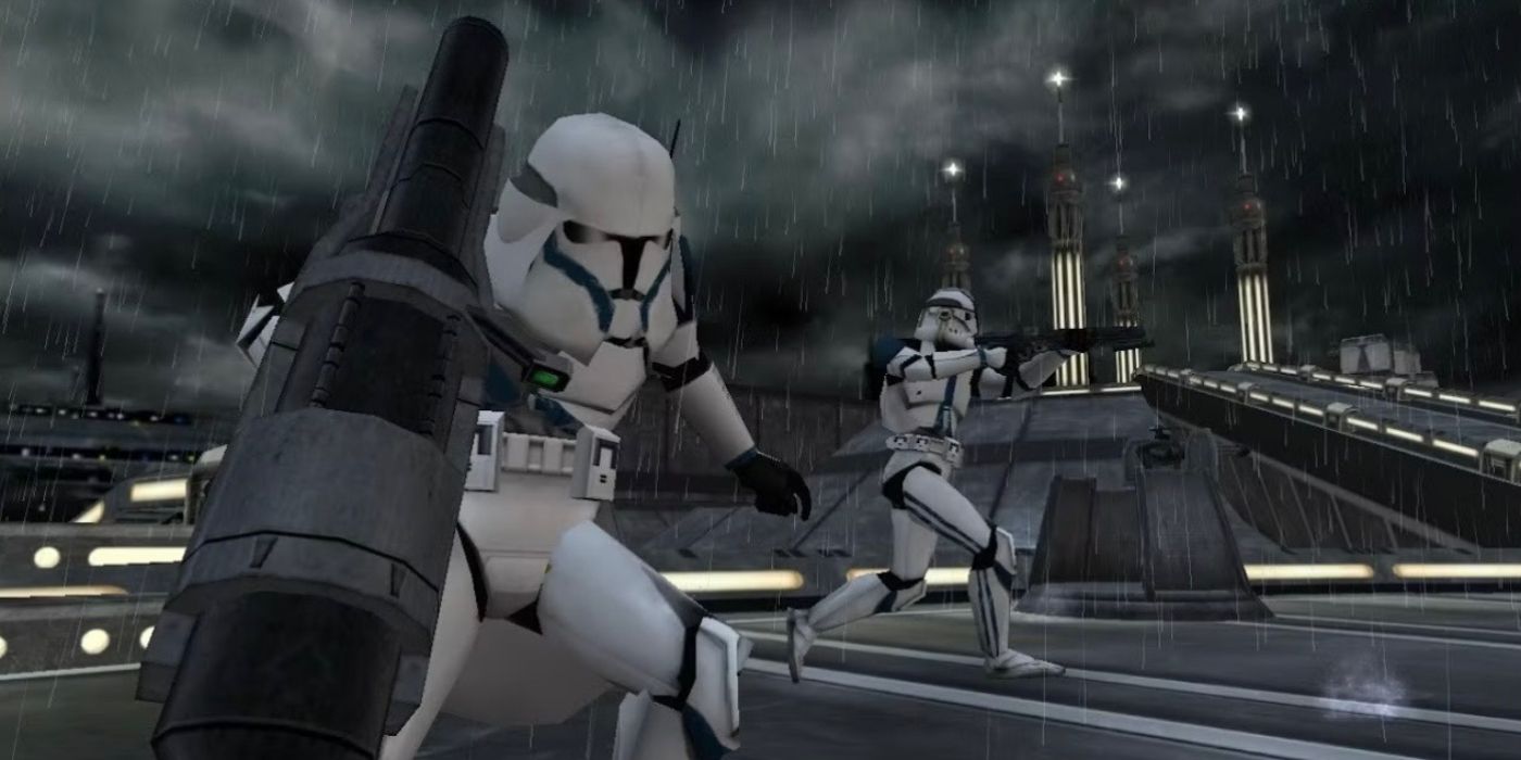 Dois clones correndo na chuva em Kamino: Cloning Facility em Star Wars: Battlefront Classic Collection 