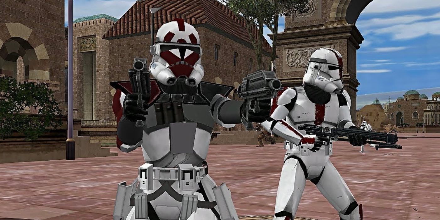 Dois clones parados na rua de Theed em Naboo em Star Wars: Battlefront Classic Collection