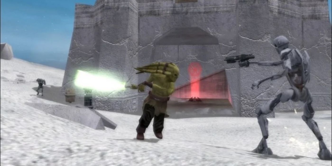 Kit Fisto atacando um andróide em Rhen Var: Citadel em Star Wars: Battlefront Classic Collection
