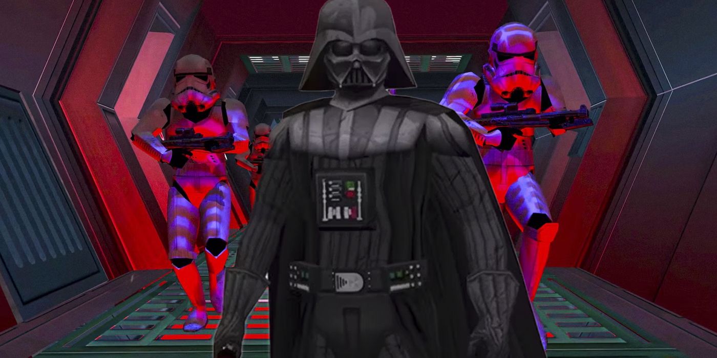 Darth Vader with Stormtroopers running either side of him