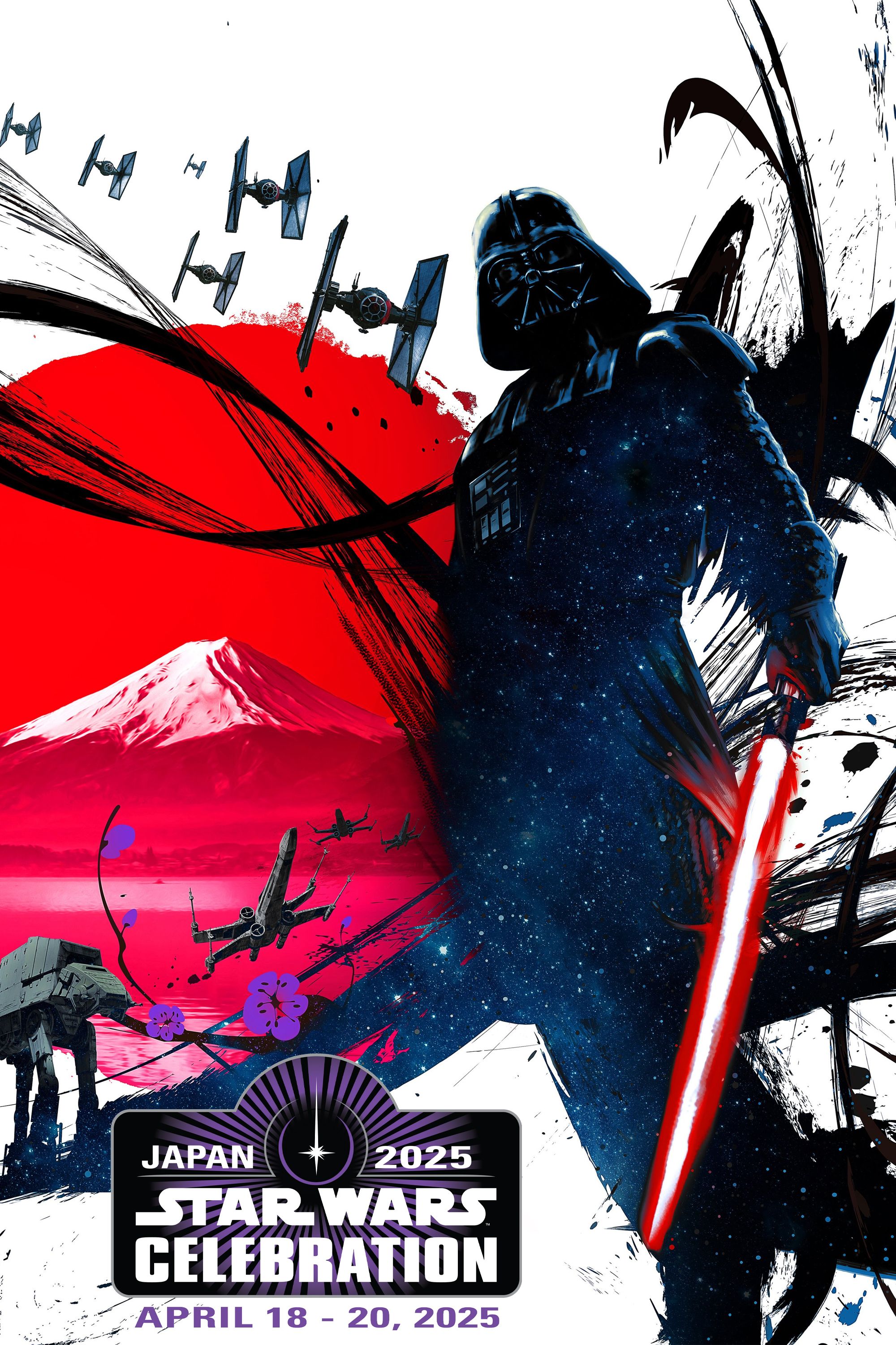 Star Wars Celebration Japan 2025 Poster Showing Darth Vader With Black Ink Swirls Tie Fighters, an X-Wing, and an At-At in front of Mt. Fuji