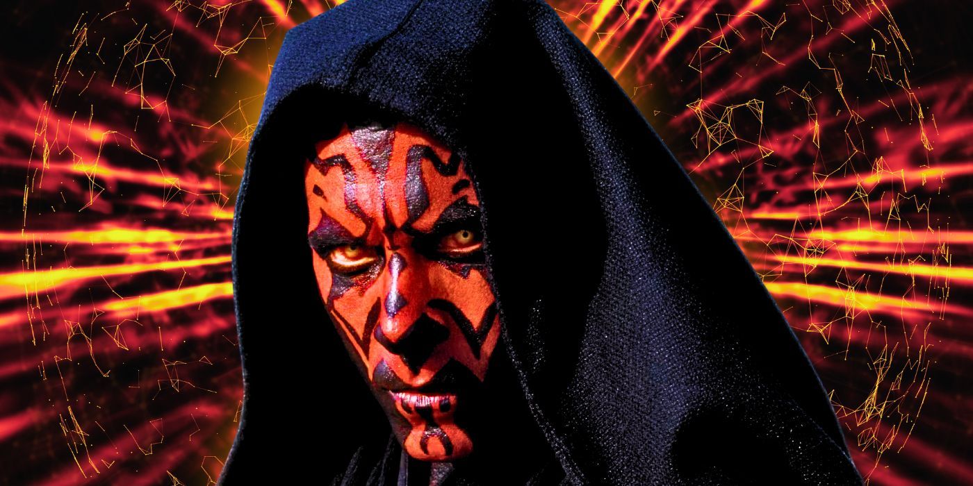 Darth Maul from Star Wars: Episode I - The Phantom Menace, with streams of red, ordange, and yellow lights in the background.