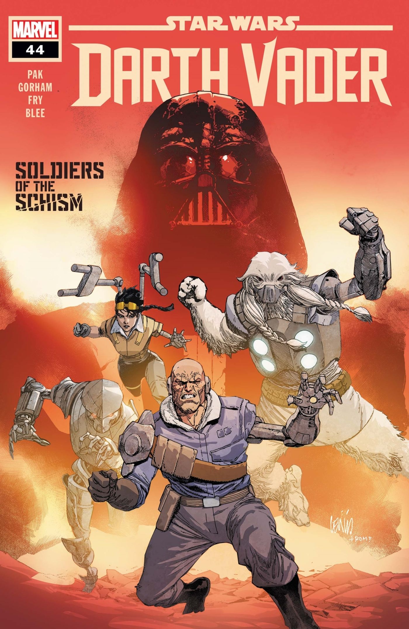 Capa de Star Wars: Darth Vader #44 apresentando Vader e seu exército ciborgue.