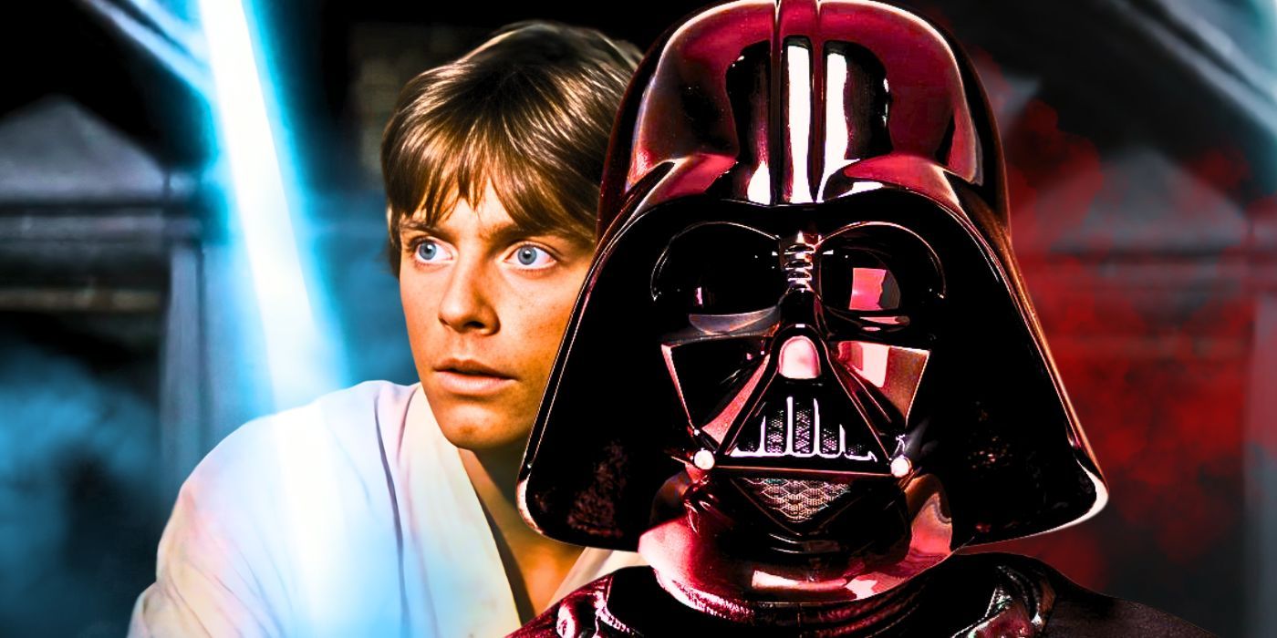Luke Skywalker training with a blue lightsaber in A New Hope and Darth Vader with a red tint.