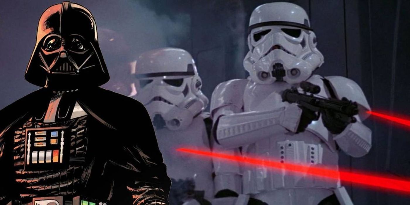 Darth Vader de Star Wars com seus Stormtroopers. 