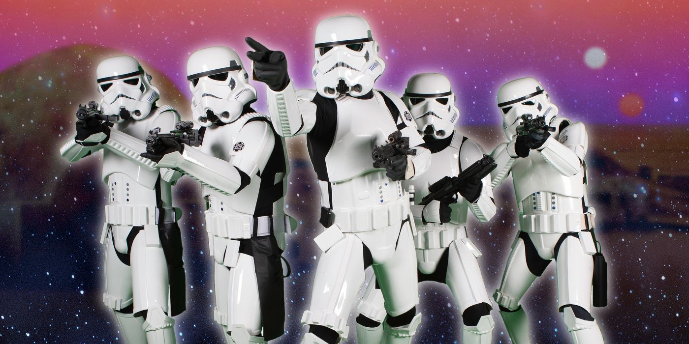Stormtroopers from Star Wars are gathered together against a starry night effect.