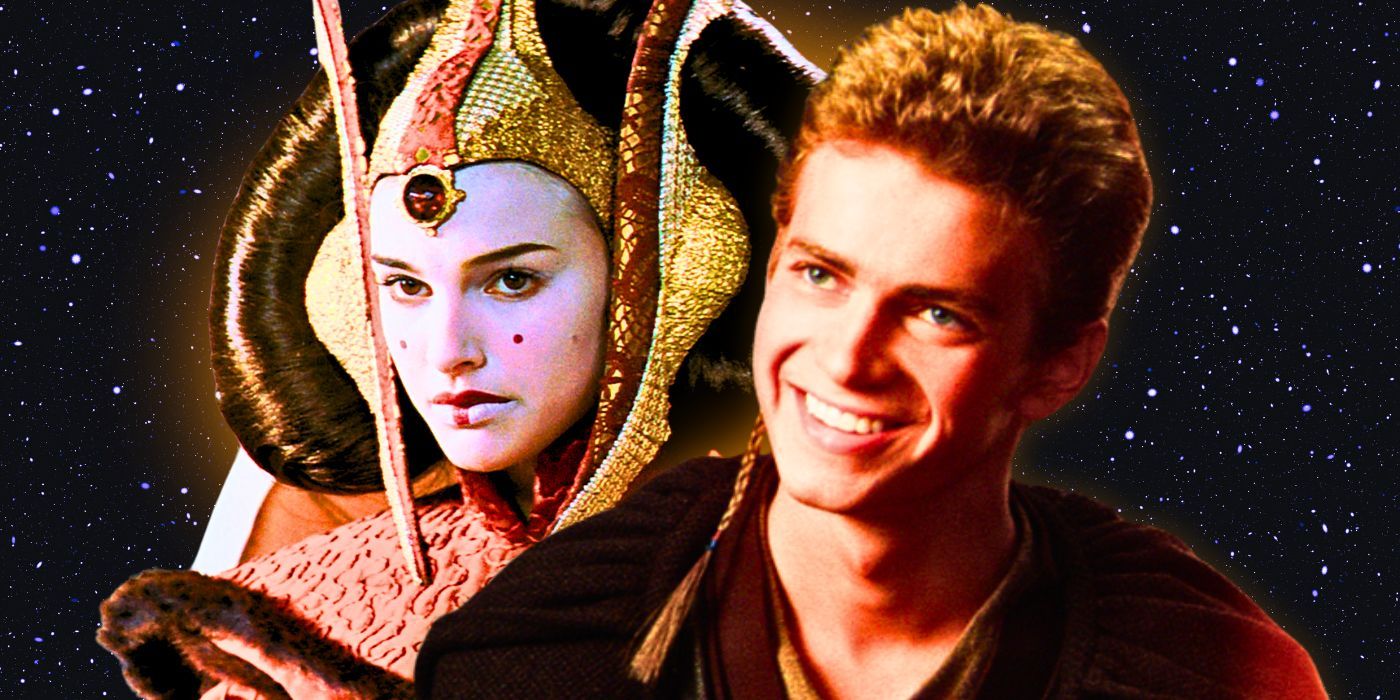 Padme Amidala (Natalie Portman) in her white face paint and royal headdress in Star Wars: Episode I - The Phantom Menace and Anakin Skywalker (Hayden Christensen) with his Padawan braid and a smile on his face in Star Wars: Episode II - Attack of the Clones set against a background of stars