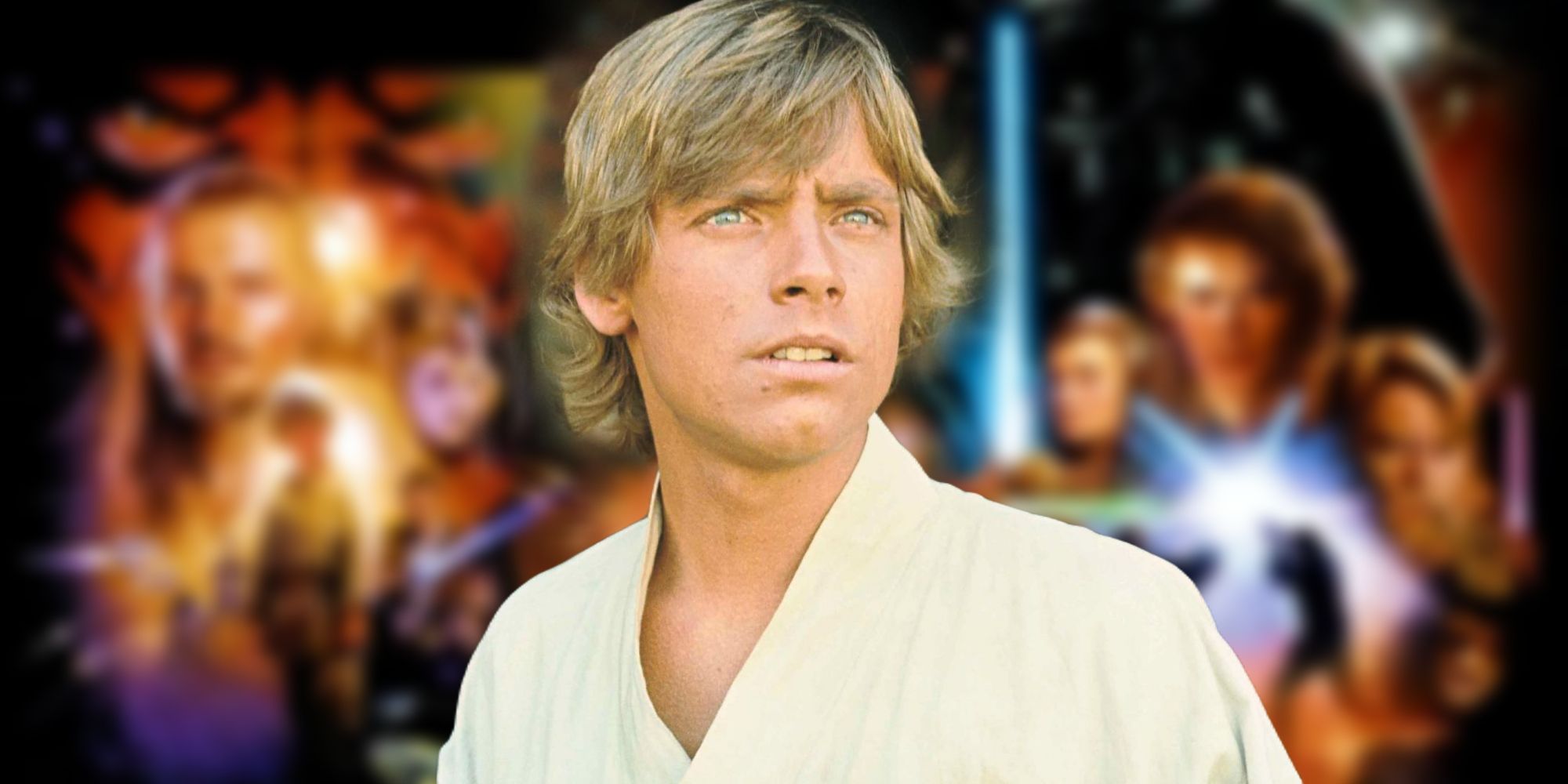A blurred image of the Star Wars prequel posters behind Luke Skywalker from A New Hope