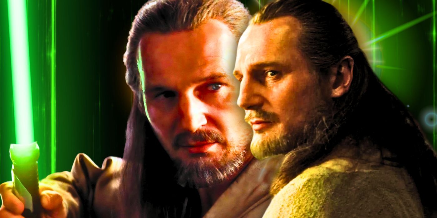 Liam Neeson's Qui-Gon Jinn wields his lightsaber and looks thoughtfully into the distance