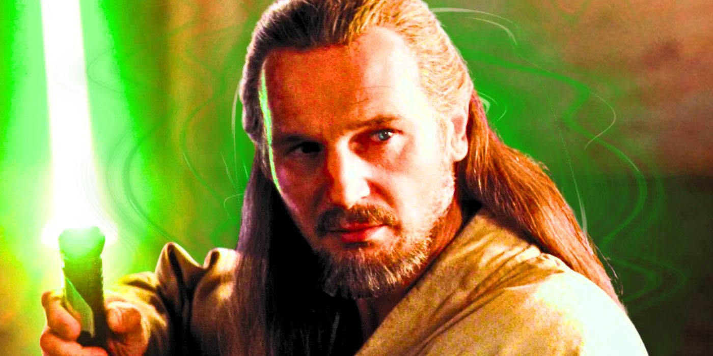 Qui-Gon Jinn (Liam Neeson) holds his green lightsaber at the ready against a green background in Star Wars: Episode I - The Phantom Menace