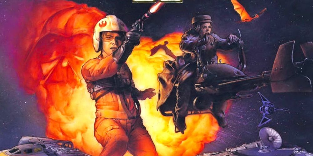 Arte de Star Wars Rebel Assault 2 The Hidden Empire mostrando Rookie One disparando um blaster.