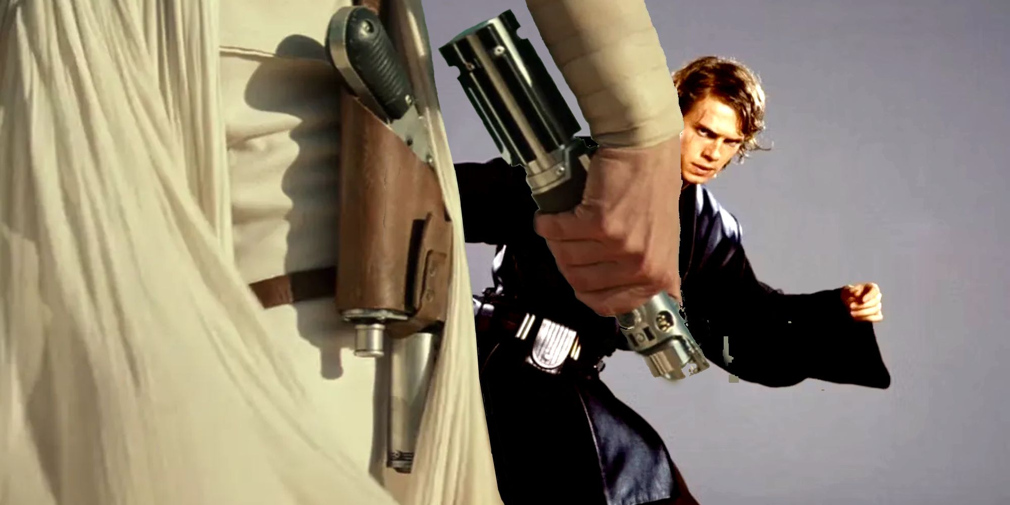 Rey holding the Skywalker lightsaber in front of Anakin