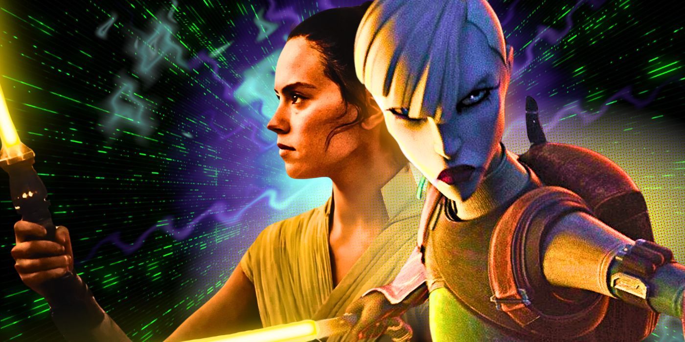 Rey and Asajj Ventress with their yellow lightsabers
